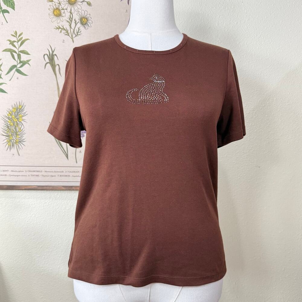Vintage 90s Y2k Brown Rhinestone Cat Tee McBling Fairy Grunge Forest Novelty M L